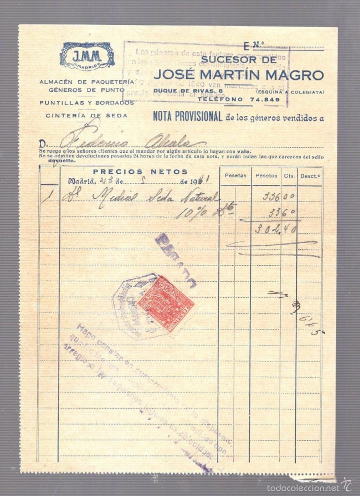 Factures anciennes: FACTURA. JOSE MARTIN MAGRO. ALMACENES DE MERCERIA. J.M.M. MADRID. 1941