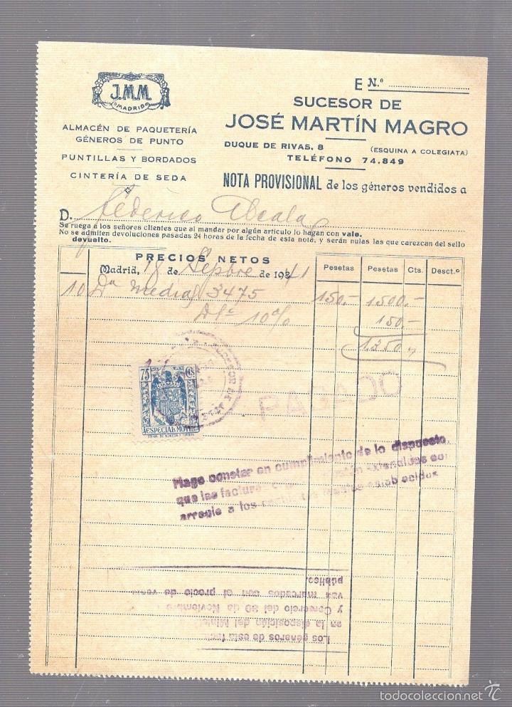 Old Invoices: FACTURA. JOSE MARTIN MAGRO. ALMACENES DE MERCERIA. J.M.M. MADRID. 1941