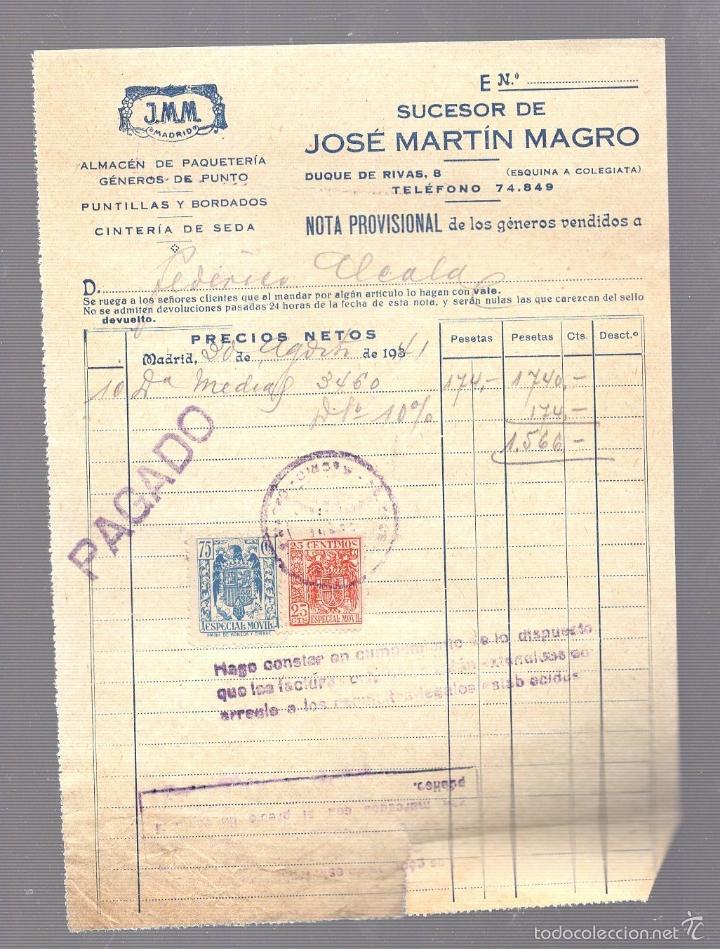 Old Invoices: FACTURA. JOSE MARTIN MAGRO. ALMACENES DE MERCERIA. J.M.M. MADRID. 1941