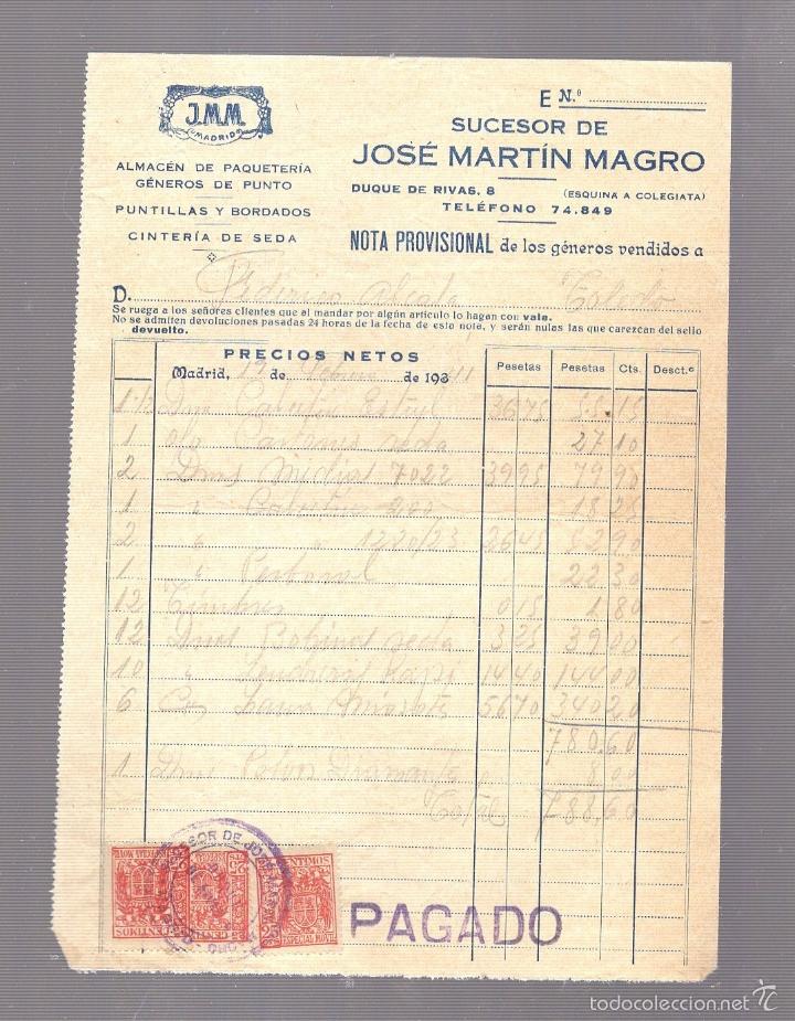 Old Invoices: FACTURA. JOSE MARTIN MAGRO. ALMACENES DE MERCERIA. J.M.M. MADRID. 1941