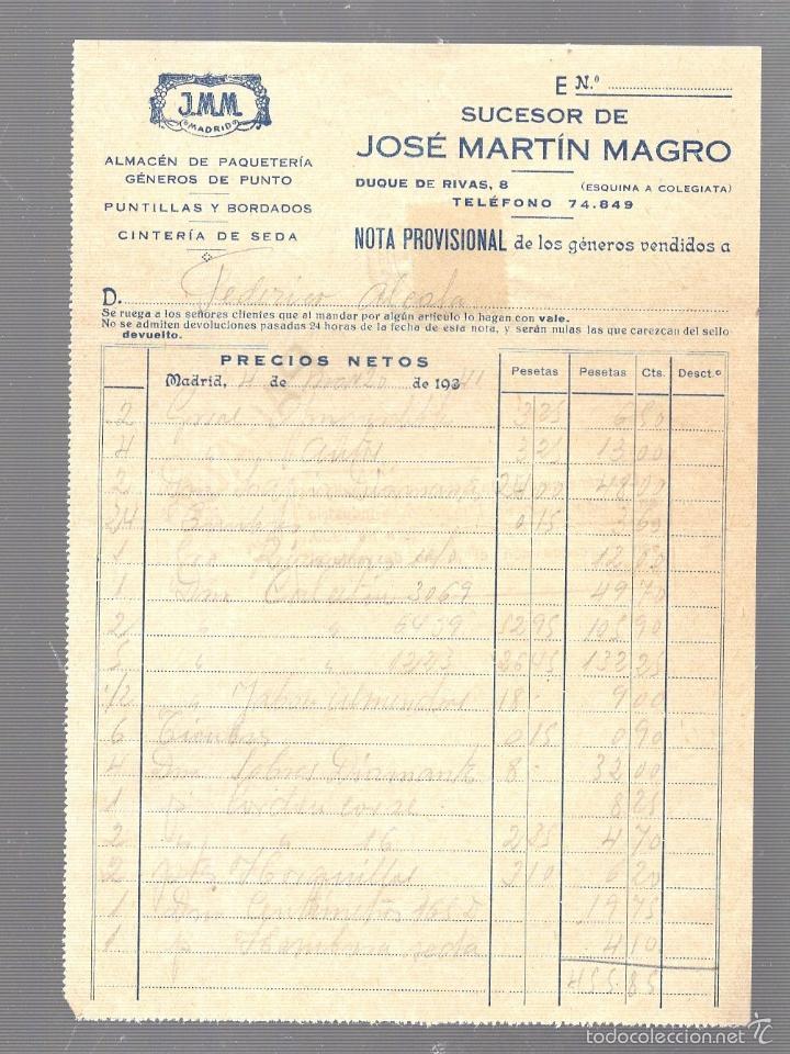 Old Invoices: FACTURA. JOSE MARTIN MAGRO. ALMACENES DE MERCERIA. J.M.M. MADRID. 1941
