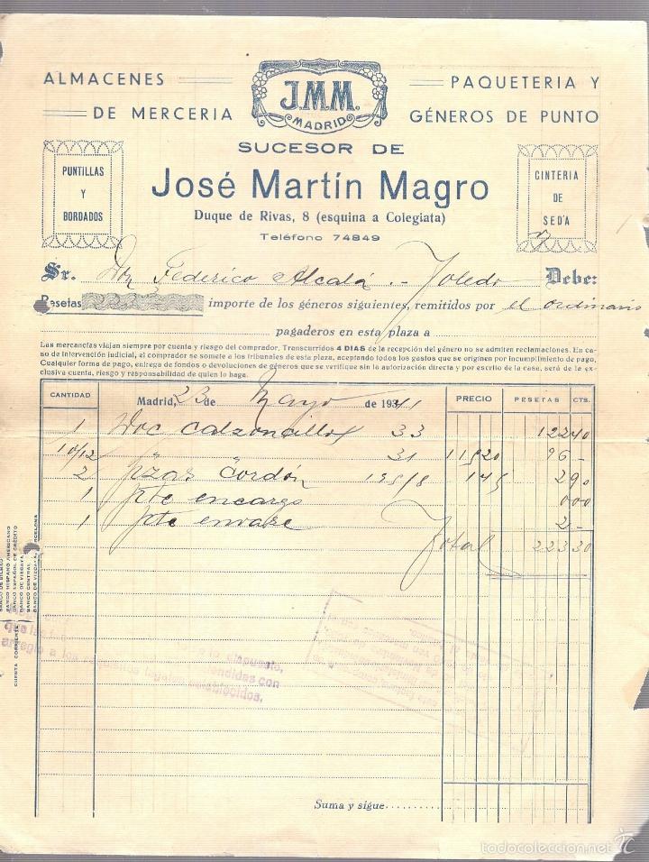 Old Invoices: FACTURA. JOSE MARTIN MAGRO. ALMACENES DE MERCERIA. J.M.M. MADRID. 1941
