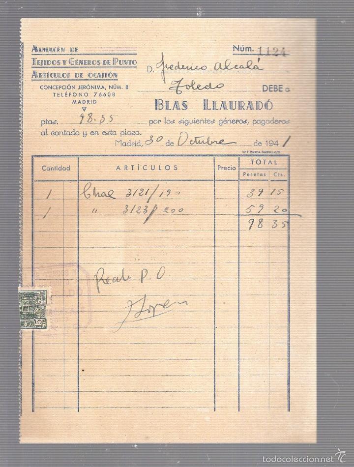 Old Invoices: FACTURA. BLAS LLAURADO. MADRID. ALMACEN DE TEJIDOS Y GENEROS DE PUNTOS. 1941