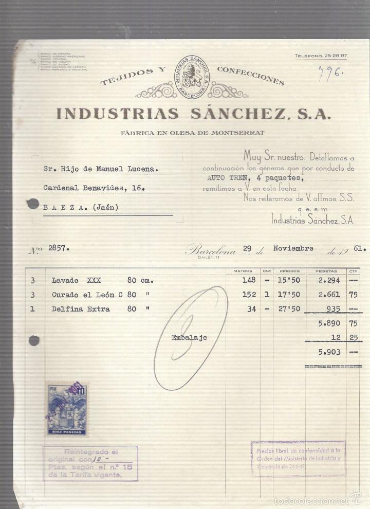 Alte Rechnungen: FACTURA. INDUSTRIAS SANCHEZ. TEJIDOS Y CONFECCIONES. 1961. BARCELONA