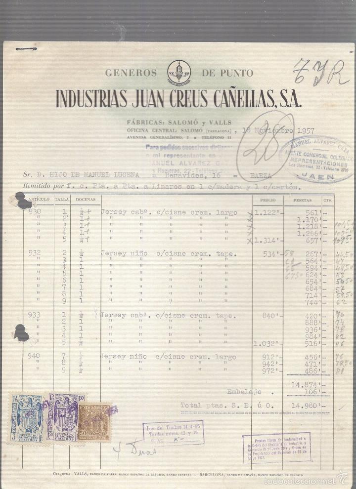 Alte Rechnungen: FACTURA. INDUSTRIAS JUAN CREUS CA&Ntilde;ELLAS. GENEROS DE PUNTO. TARRAGONA. 1957