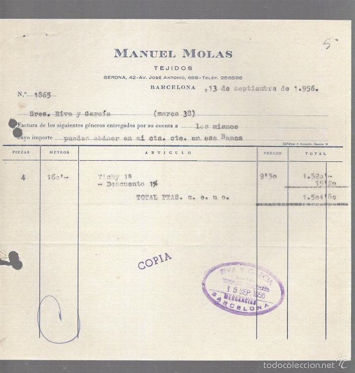 Old Invoices: FACTURA. MANUEL MOLAS. TEJIDOS. 1956. BARCELONA