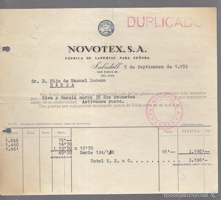 Old Invoices: FACTURA. NOVOTEX S.A. LANERIAS PARA SE&Ntilde;ORA. 1952. SABADELL