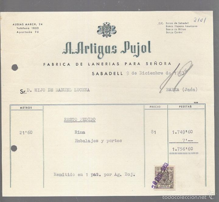 Old Invoices: FACTURA. A.ARTIGAS PUJOL. LANERIAS PARA SE&Ntilde;ORA. SABADELL. 1963