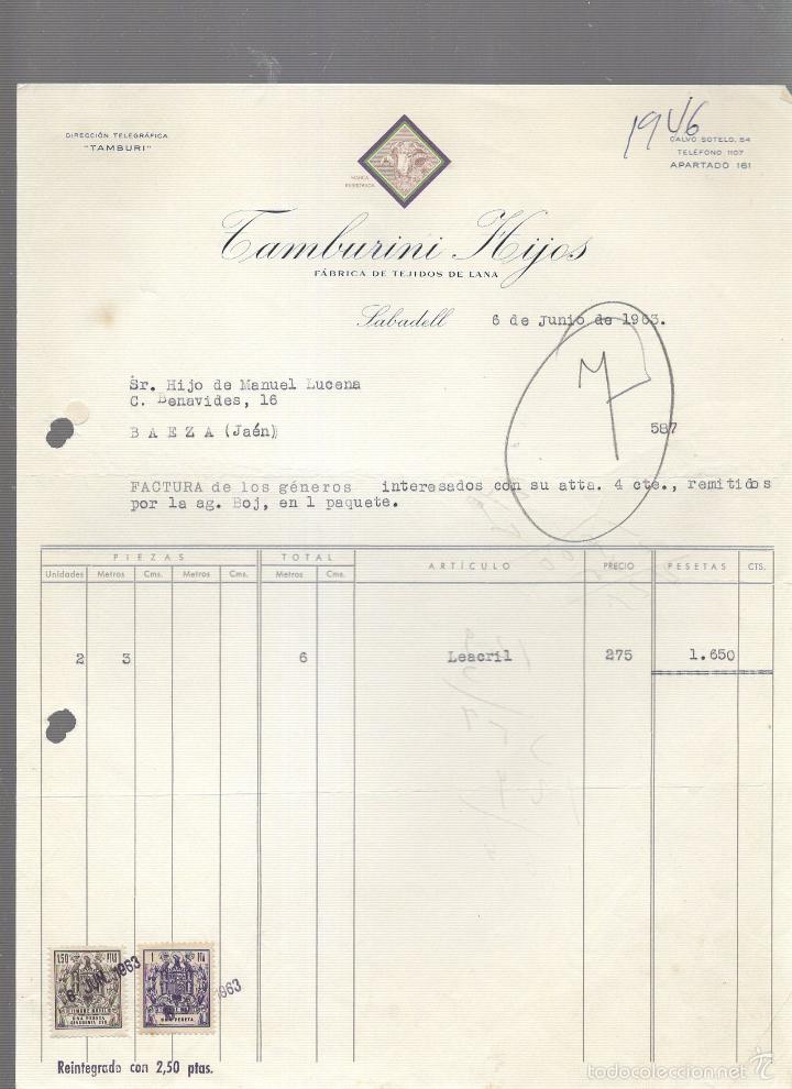 Old Invoices: FACTURA. TAMBURINI HIJOS. TEJIDOS DE LANA. SABADELL. 1963