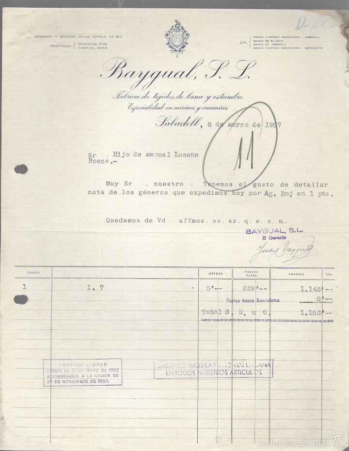 Old Invoices: FACTURA. BAYGUAL S.L. TEJIDOS DE LANA Y ESTAMBRE. SABADELL. 1957