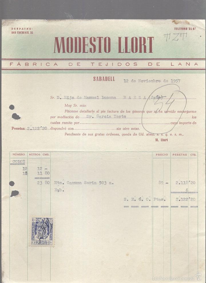 Facturas antiguas: FACTURA. MODESTO LLORT. TEJIDOS DE LANA. SABADELL, 1957.