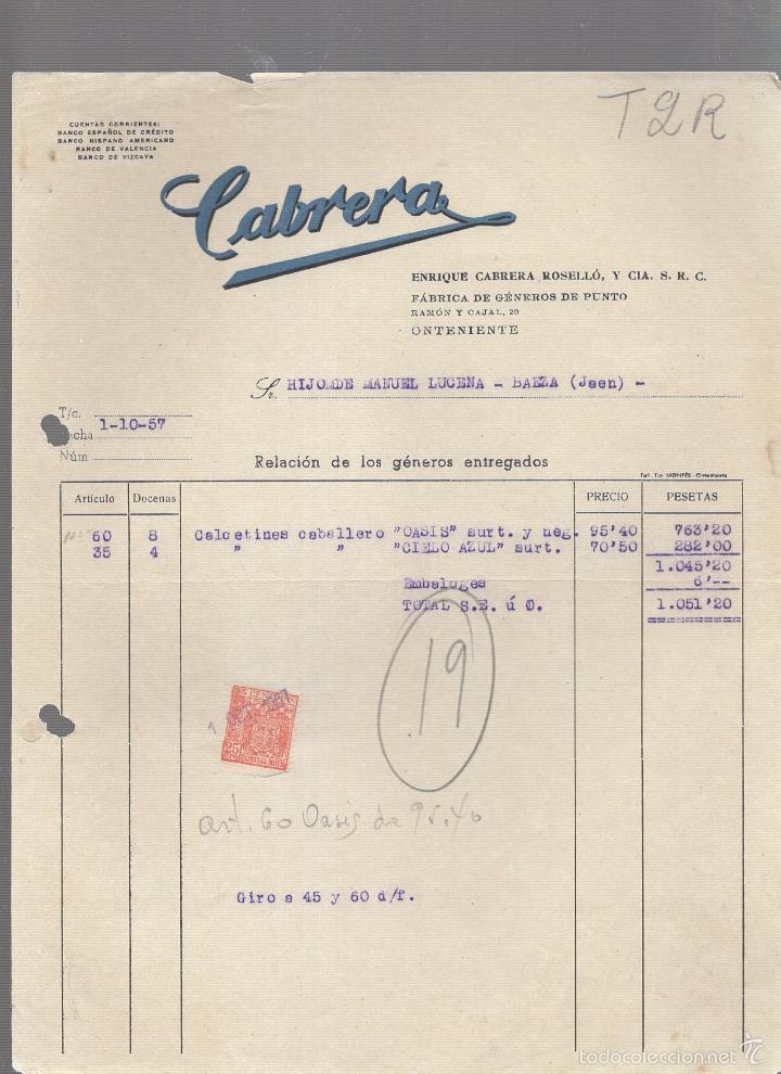Old Invoices: FACTURA. ENRIQUE CABRERA ROSELLO Y CIA. GENEROS DE PUNTO. ONTENIENTE, VALENCIA. 1957