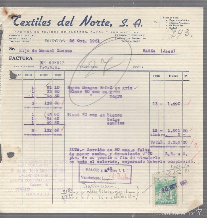 Old Invoices: FACTURA. TEXTILES DEL NORTE. TEJIDOS DE ALGODON, RAYON Y SUS MEZCLAS. BURGOS. 1961