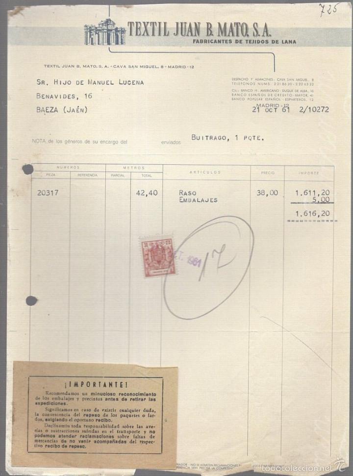 Old Invoices: FACTURA. TEXTIL JUAN B.MATO S.A. TEJIDOS DE LANA. 1961. MADRID