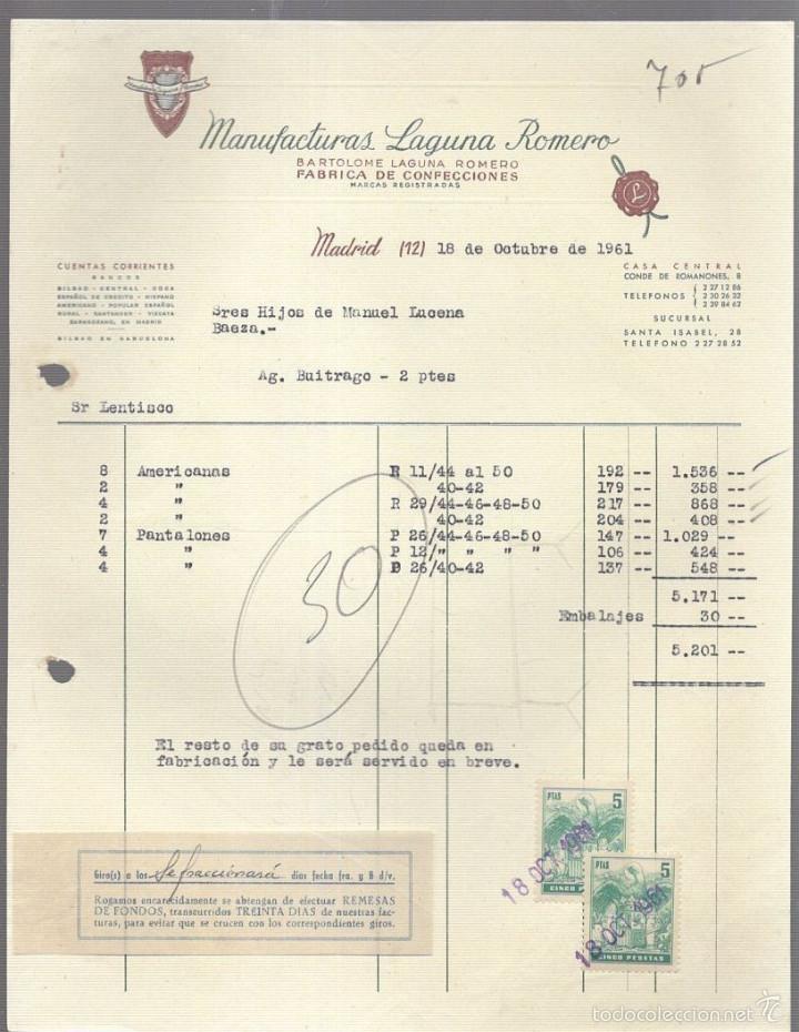 Old Invoices: FACTURA. MANUFACTURAS LAGUNA ROMERO, FABRICA DE CONFECCIONES. MADRID. 1961