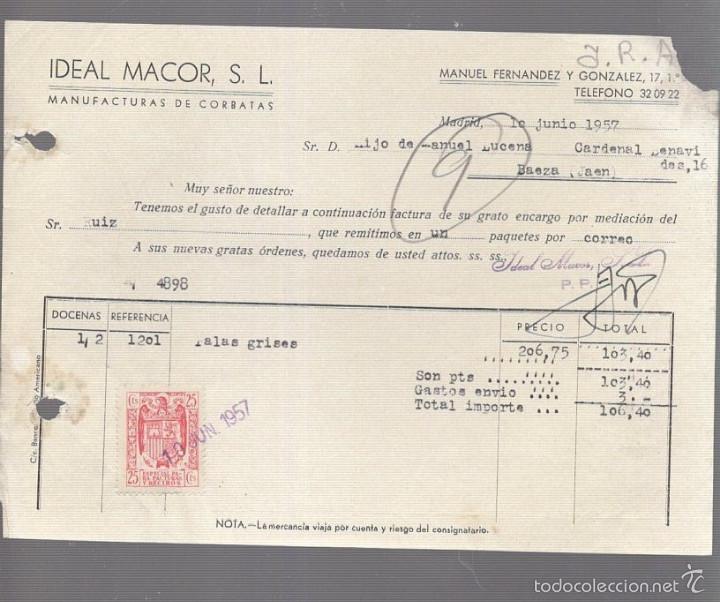 Old Invoices: FACTURA. IDEAL MACOR S.L. CORBATAS. MADRID. 1957
