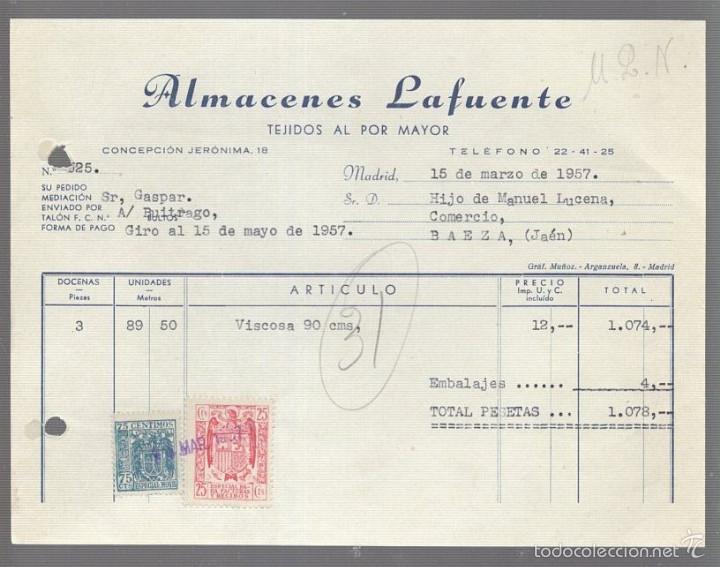 Old Invoices: FACTURA. ALAMACENES LAFUENTE. TEJIDOS AL POR MAYOR. 1957. MADRID