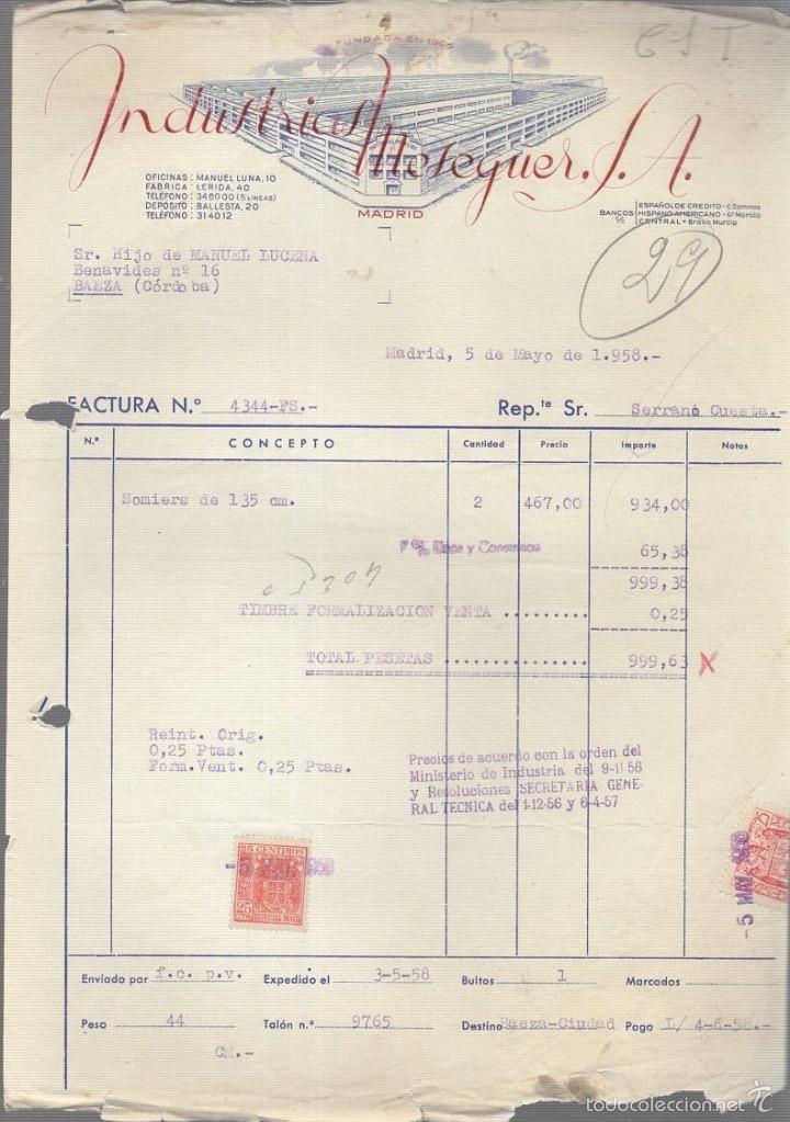 Old Invoices: FACTURA. INDUSTRIAS MESEGUER S.A. MADRID. 1958.
