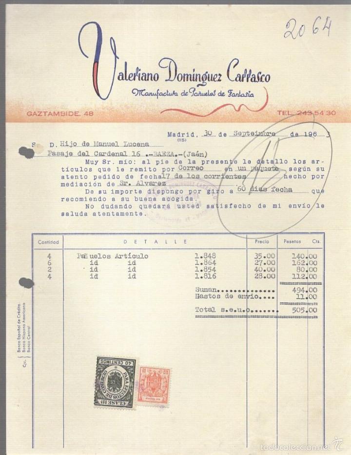 Old Invoices: FACTURA. VALERIANO DOMINGUEZ CARRASCO. PA&Ntilde;UELOS DE FANTASIA. MADRID. 1963