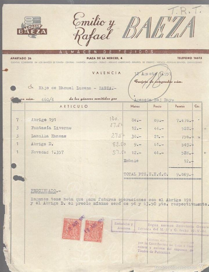 Alte Rechnungen: FACTURA. EMILIO Y RAFAEL BAEZA. TEJIDOS BAEZA. ALMACEN DE TEJIDOS. VALENCIA. 1957
