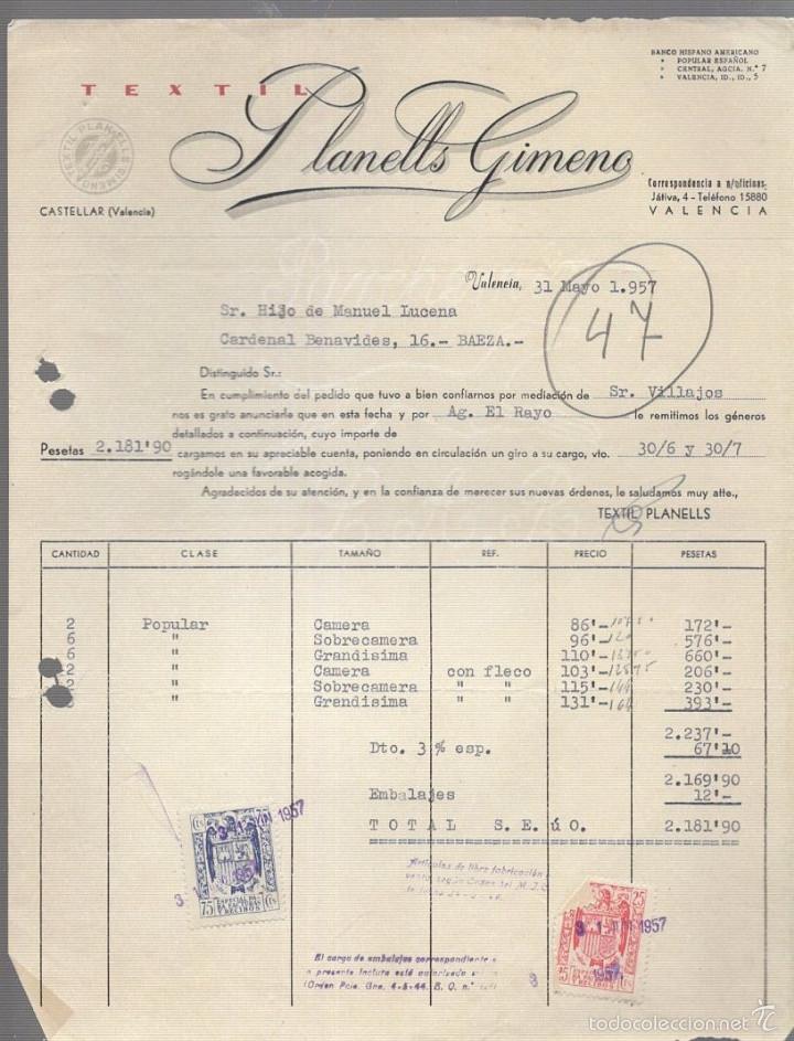 Alte Rechnungen: FACTURA. PLANELLS GIMENO. TEXTIL. VALENCIA. 1957