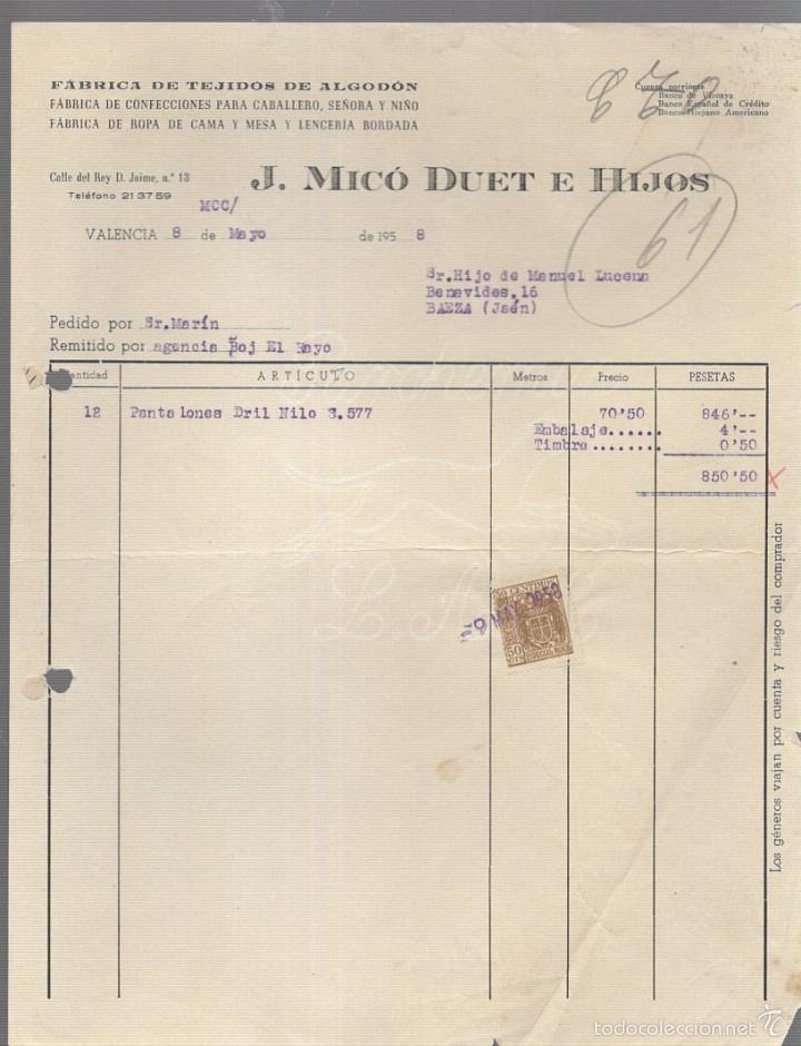 Alte Rechnungen: FACTURA. J.MICO DUET E HIJOS. TEJIDOS DE ALGODON. VALENCIA. 1958