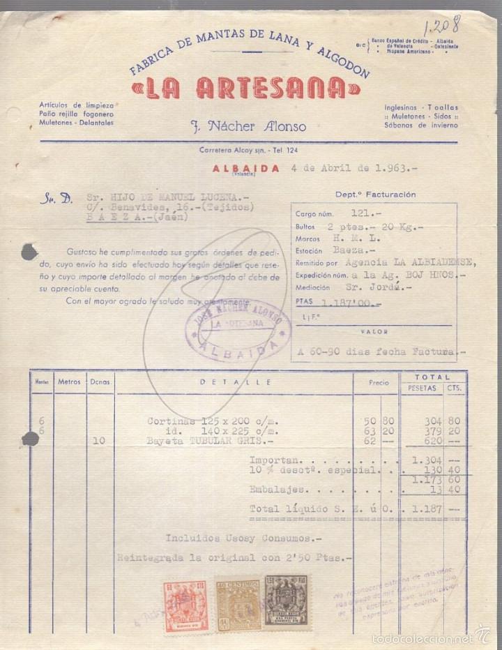 Alte Rechnungen: FACTURA. LA ARTESANA. FABRICA DE MANTAS Y LANAS. NACHER ALONSO. ALBAIDA, ALICANTE. 1963
