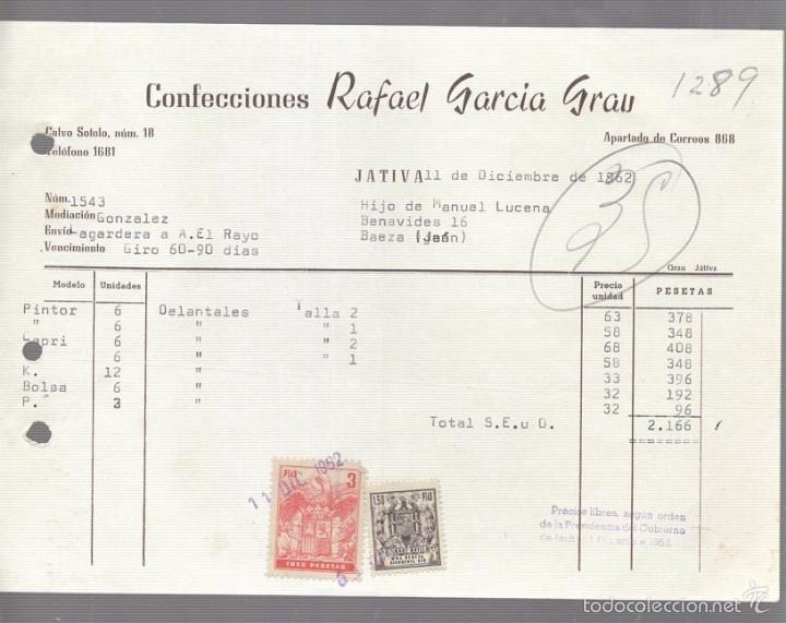 Alte Rechnungen: FACTURA. CONFECCIONES RAFAEL GARCIA GRAU. JATIVA, ALICANTE. 1962