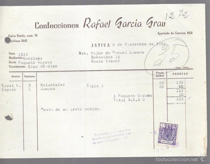 Alte Rechnungen: FACTURA. CONFECCIONES RAFAEL GARCIA GRAU. JATIVA, ALICANTE. 1962