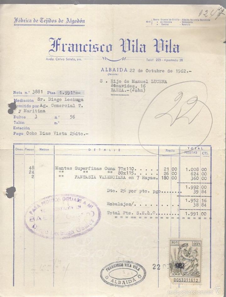 Alte Rechnungen: FACTURA. FRANCISCO VILA VILA. TEJIDOS DE ALGODON. LABAIDA, VALENCIA. 1962