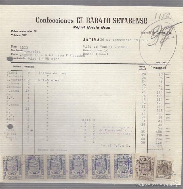 Alte Rechnungen: FACTURA. CONFECCIONES EL BARATO SETABENSE. RAFAEL GARCIA GRAU. JATIVA, VALENCIA. 1962