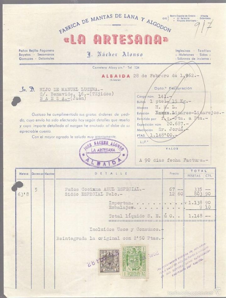 Alte Rechnungen: FACTURA. LA ARTESANA. FABRICA DE MANTAS DE LANA Y ALGODON. NACHER Y ALONSO. ALBAIDA, VALENCIA. 1962