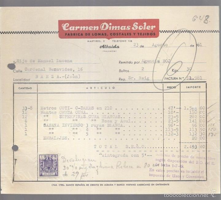 Alte Rechnungen: FACTURA. CARMEN DIMAS SOLER. LONAS, COSTALES Y TEJIDOS. ALBAIDA, VALENCIA. 1961