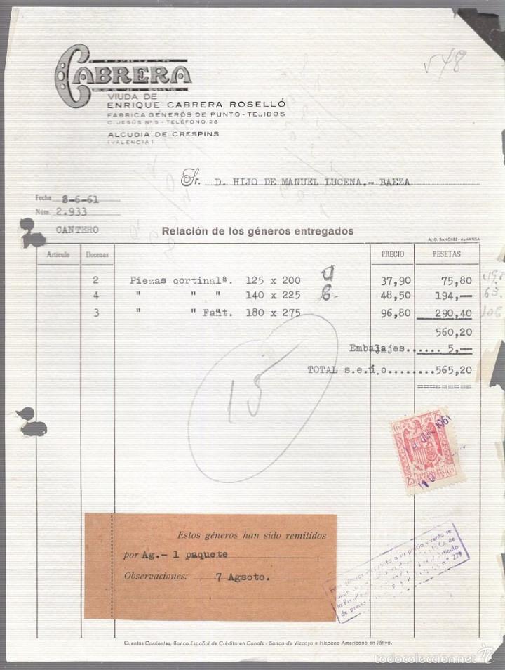 Alte Rechnungen: FACTURA. CABRERA. VIUDA DE ENRIQUE CABRERA ROSELLO. ALCUDIA DE CRESPINS, VALENCIA. 1961