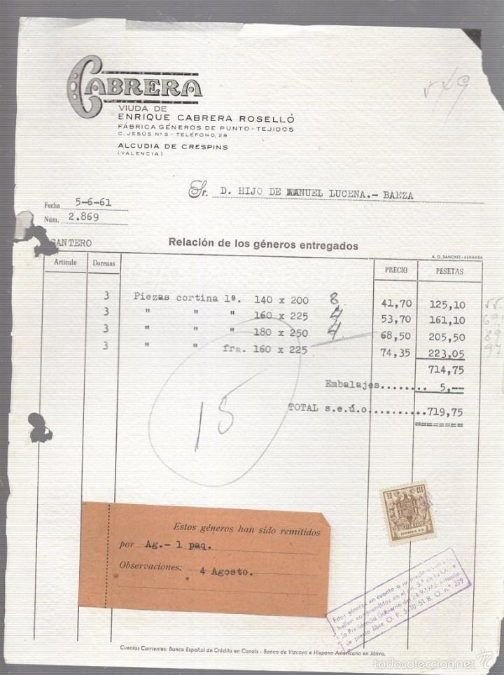 Alte Rechnungen: FACTURA. CABRERA. VIUDA DE ENRIQUE CABRERA ROSELLO. ALCUDIA DE CRESPINS, VALENCIA. 1961