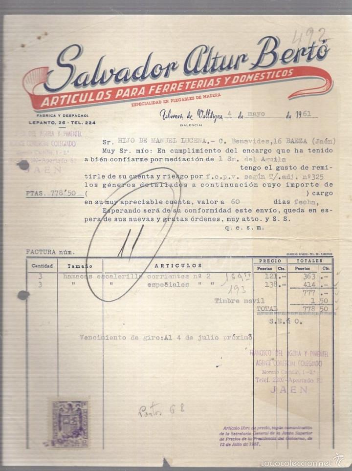 Alte Rechnungen: FACTURA. SALVADOR ALTUR BERTO. ARTICULOS PARA FERRETERIAS Y DOMESTICOS. TABERNES DE VALLDIGNA. 1961