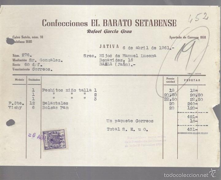 Alte Rechnungen: FACTURA. CONFECCIONES EL BARATO SETABENSE. RAFAEL GARCIA GRAU. JATIVA, VALENCIA. 1961
