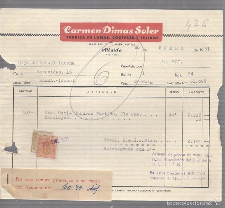 Facturas antiguas: FACTURA. CARMEN DIMAS SOLER. LONAS, COSTALES Y TEJIDOS. ALBAIDA, VALENCIA. 1961