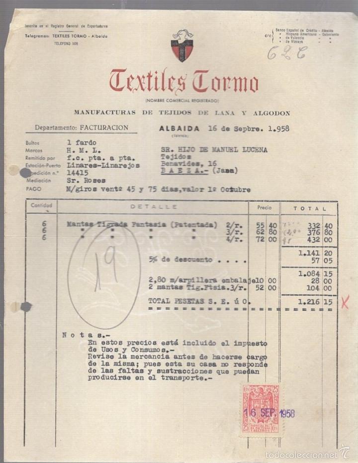 Facturas antiguas: FACTURA. TEXTILES TORMO. TEJIDOS DE LANA Y ALGODON. ALBAIDA, VALENCIA. 1958