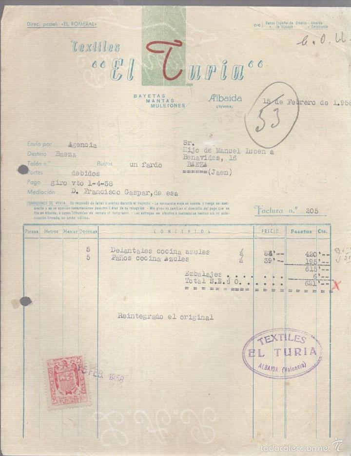 Facturas antiguas: FACTURA. TEXTILES EL TURIA. BAYETAS, MANTAS, MULETONES. ALBAIDA, VALENCIA. 1958