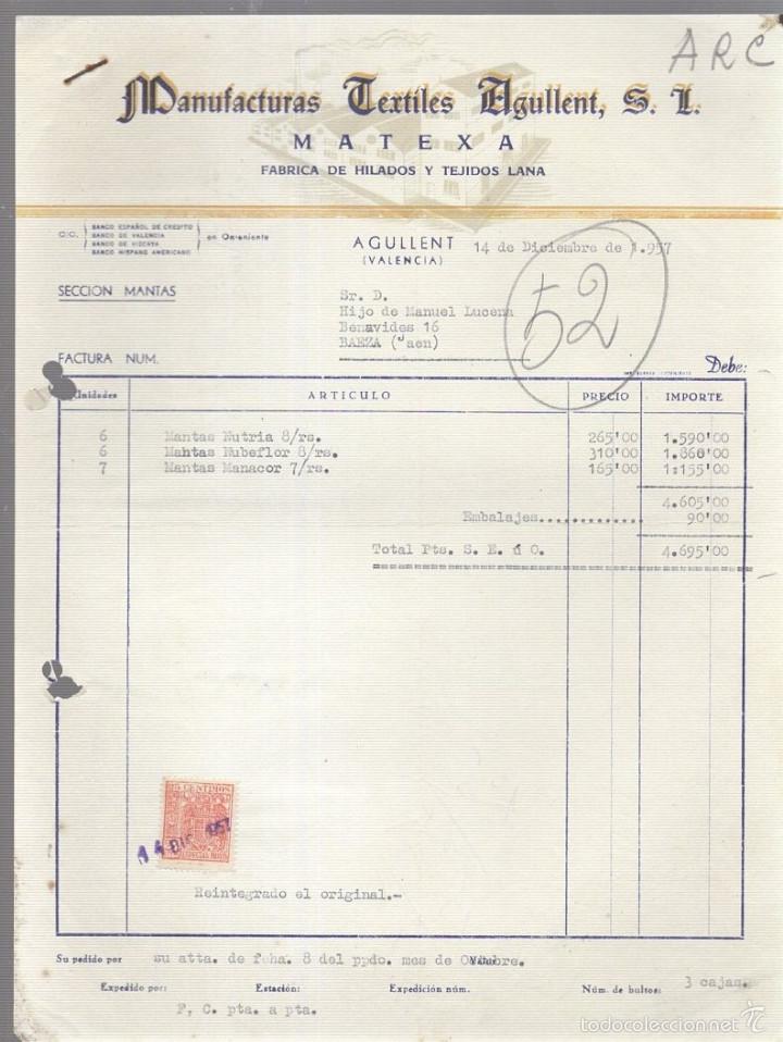 Facturas antiguas: FACTURA. TEXTILES AGULLENT S.L. MATEXA. HILADOS Y TEJIDOS DE LANA. AGULLENT, VALENCIA. 1957