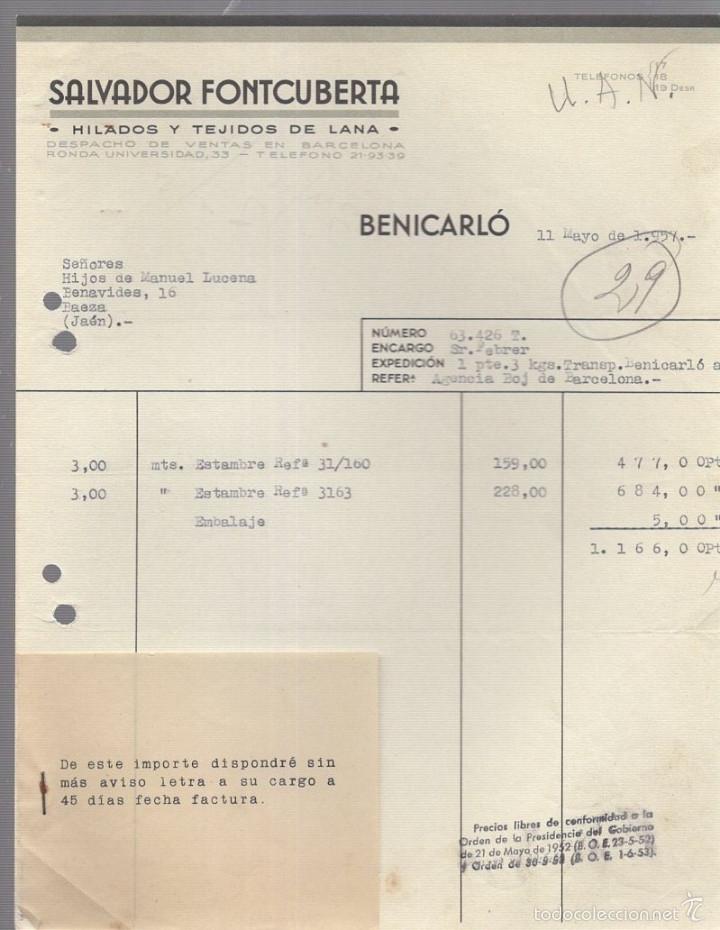 Alte Rechnungen: FACTURA. SALVADOR FONTCUBERTA. HILADOS Y TEJIDOS DE LANA. BENICARLO. 1957