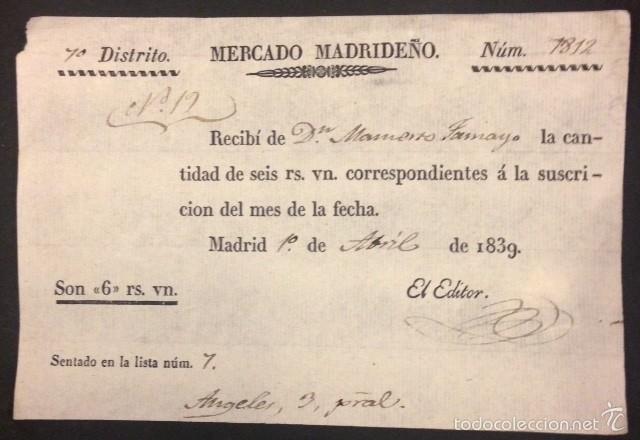 Facturas antiguas: RECIB0 MERCADO MADRILE&Ntilde;O 1839 - Foto 1