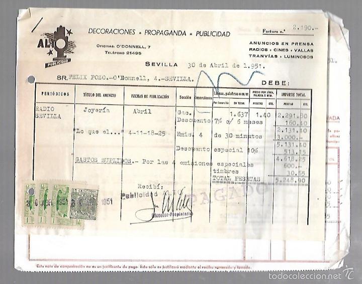 Alte Rechnungen: FACTURA. PUBLICIDAD ALTO. PROPAGANDA, PUBLICIDAD, DECORACIONES. SEVILLA. 1951.