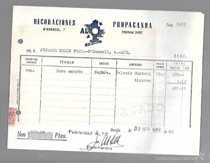 Alte Rechnungen: FACTURA. PUBLICIDAD ALTO. PROPAGANDA, PUBLICIDAD, DECORACIONES. SEVILLA. 1951.