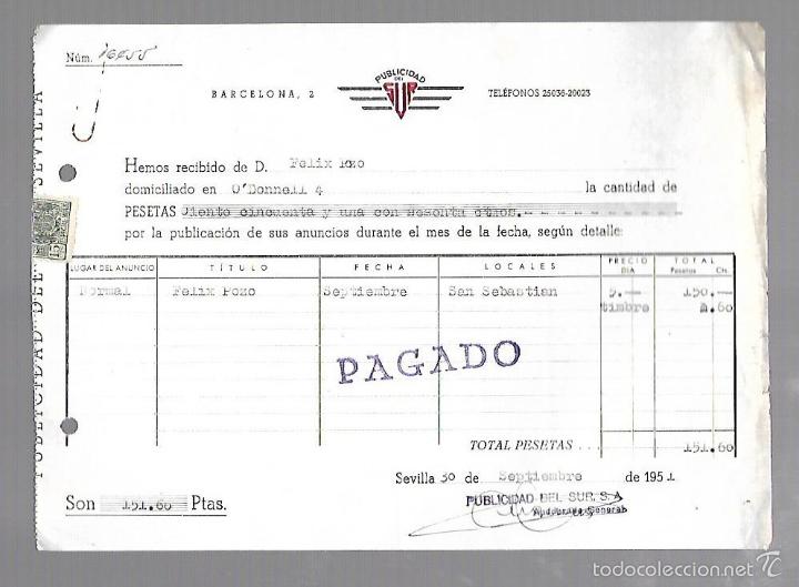 Alte Rechnungen: FACTURA. PUBLICIDAD DEL SUR. ANUNCIOS. SEVILLA. 1951