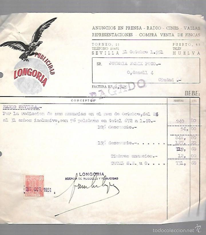 Alte Rechnungen: FACTURA. PUBLICIDAD LONGORIA. ANUNCIOS. SEVILLA. 1951