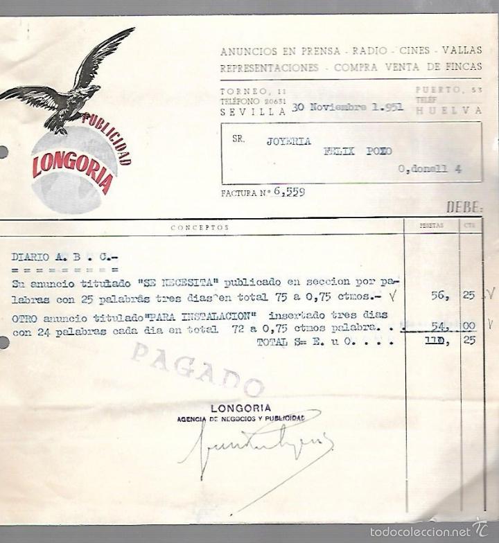 Alte Rechnungen: FACTURA. PUBLICIDAD LONGORIA. ANUNCIOS. SEVILLA. 1951