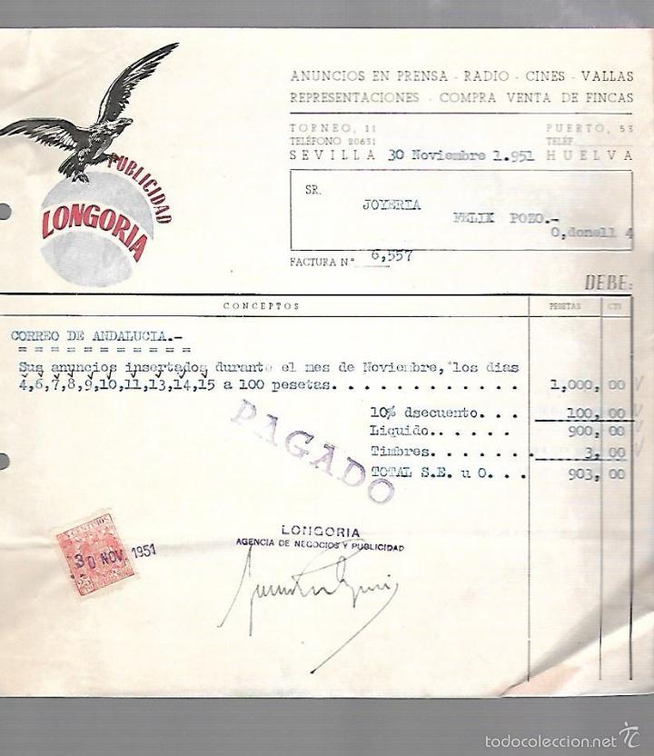 Alte Rechnungen: FACTURA. PUBLICIDAD LONGORIA. ANUNCIOS. SEVILLA. 1951