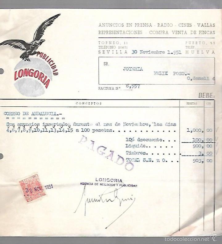 Alte Rechnungen: FACTURA. PUBLICIDAD LONGORIA. ANUNCIOS. SEVILLA. 1951